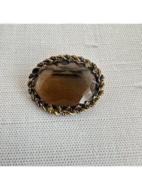 West Germany Smoky Topaz Glass Oval Brooch Twisted Rope Frame 1950s